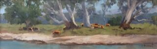 A  painting by Trish Bennett in the Impressionist style  depicting Landscape Rural and titled Grazing the River Tumut NSW