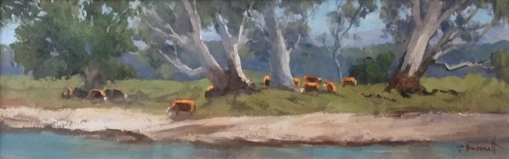 Oil Painting by Trish Bennett titled Grazing the River Tumut NSW