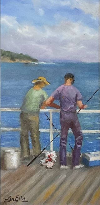 An Oil painting by Lyn Ellis in the Impressionist style  depicting People Jetty and titled Fishing Mates