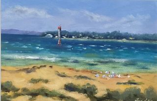 An Oil painting by Lyn Ellis in the Impressionist style  depicting Seascape Beach with main colour being Blue and Olive and titled Choppy Sea, Queenscliff