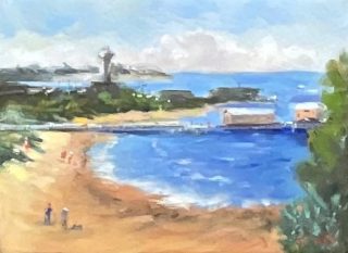 An Oil painting by Lyn Ellis in the Impressionist style  depicting Seascape Beach and Water and titled Queenscliff Pier and Ferry Terminal