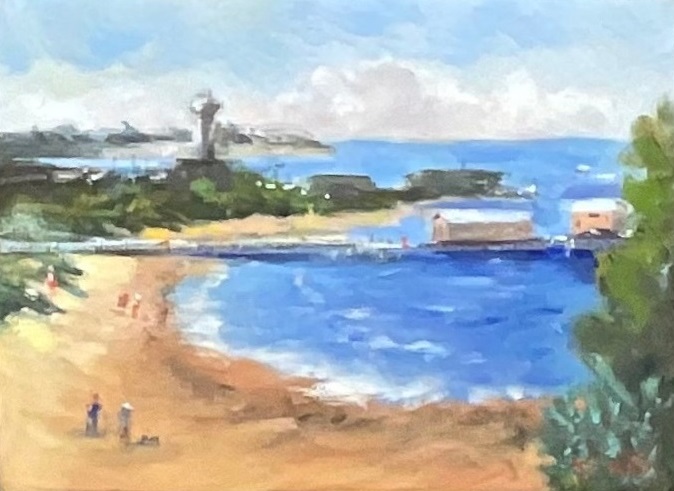 Oil Painting by Lyn Ellis titled Queenscliff Pier and Ferry Terminal