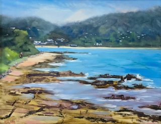 An Oil painting by Lyn Ellis in the Impressionist style  depicting Beach and Water with main colour being Blue Brown and Ochre and titled Sunny Morning at Lorne