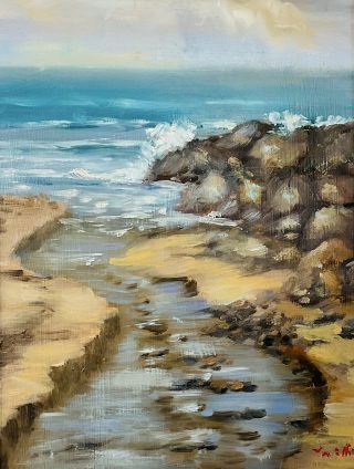 An Oil painting by Lyn Ellis in the Impressionist style  depicting Water Beach and Rocks with main colour being Blue Brown and Ochre and titled St. Georges River Mouth, Lorne