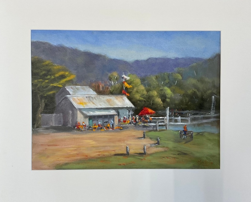 Oil Painting by Lyn Ellis titled Swing Bridge Cafe, Lorne