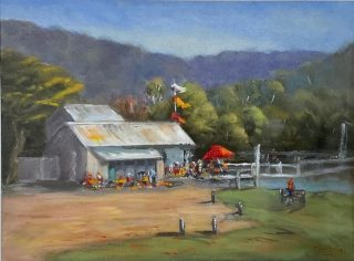 An Oil painting by Lyn Ellis in the Impressionist style  depicting Landscape Buildings Food and Garden with main colour being Green and titled Swing Bridge Cafe, Lorne