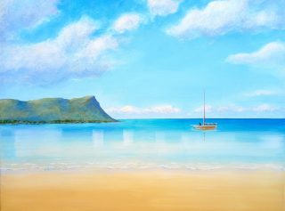 An Acrylic painting by Gregory Pastoll in the Semi-Abstract style  depicting Beach Boats and Clouds with main colour being Blue Green and Ochre and titled Tropical Bay