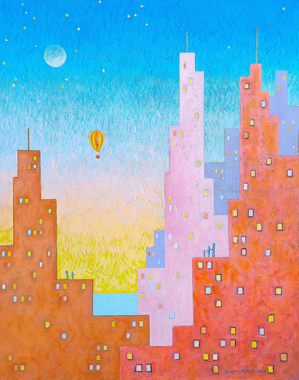 Acrylic Painting by Gregory Pastoll titled Cityscape with Balloon