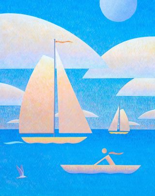 An Acrylic painting by Gregory Pastoll in the Contemporary style  depicting Boats Birds and Clouds with main colour being Blue Cream and Gold and titled Boating Bright
