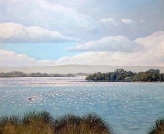 An Acrylic painting by Gregory Pastoll in the Realist Impressionist style  depicting River Birds Clouds and Hills with main colour being Blue Green and Grey and titled Canning River in Winter