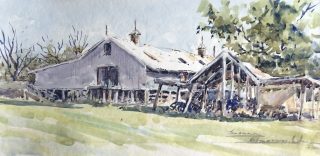 A Watercolour painting by Jenny Macnaughton in the Impressionist style  depicting Rural Outback and titled The Shearing Shed at Lue Station