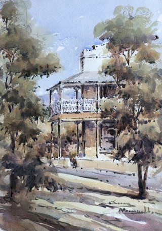 A Watercolour painting by Jenny Macnaughton in the Impressionist style  depicting Buildings and titled Corner of the Pub in Kandos