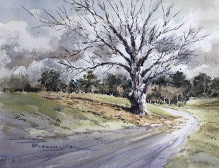 A Watercolour artwork by Jenny Macnaughton in the Impressionist style  depicting Landscape Trees and titled All Alone, Rylstone