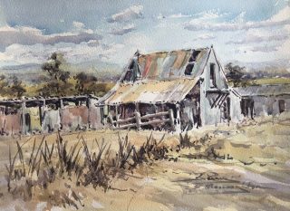 A Watercolour artwork by Jenny Macnaughton in the Impressionist style  depicting Landscape Outback and titled The Old Wool Shed - Kandos