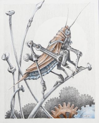 A Mixed Media painting by Linda Weil in the Illustrative style  Insects and titled Brass Hopper