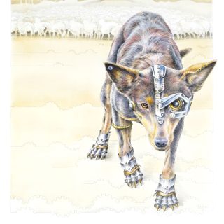 A Pencil painting by Linda Weil depicting Rural Animals Dogs and Farmland and titled Muster