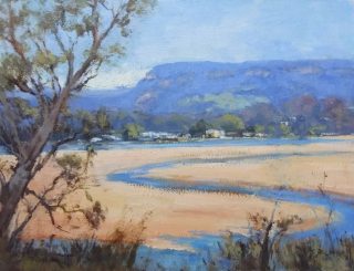 An Oil painting by Trish Bennett in the Impressionist style  depicting Landscape Mountains and Water with main colour being Blue Brown and White and titled Cunjurong Point South Coast
