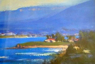 An Oil painting by Trish Bennett in the Impressionist style  depicting Landscape Hills Mountains and Water with main colour being Blue Ochre and Olive and titled Sitting Pretty South Coast