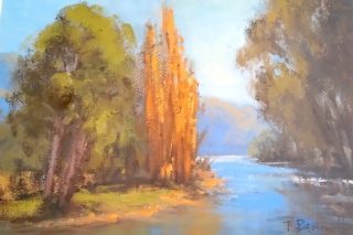 An Oil painting by Trish Bennett in the Impressionist style  depicting Landscape Mountains River and Trees with main colour being Blue Green and Olive and titled On the River Tumut