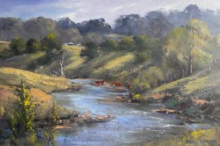 An Oil painting by Diana Garth in the Impressionist style  depicting Rural Bush Creek and Mountains with main colour being Blue Green and Yellow and titled A Crudine Afternoon