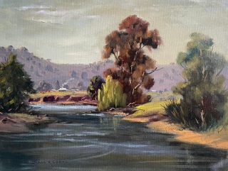 An Oil painting by Diana Garth in the Impressionist style  depicting Rural Farmland Mountains and River and titled Wagga Wagga Afternoon