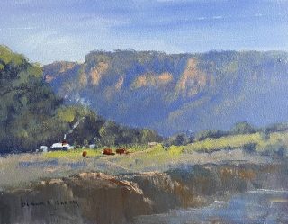 An Oil painting by Diana Garth in the Impressionist style  depicting Rural Animals Creek and Farmland with main colour being Blue Green and Purple and titled At Glen Davis