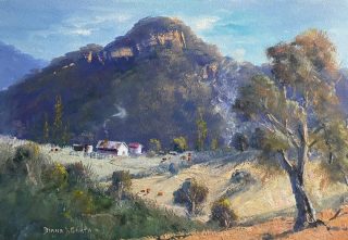 An Oil painting by Diana Garth in the Impressionist style  depicting Rural Animals Farmland and Fire and titled Burning off in the Capertee Valley