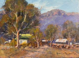 An Oil painting by Diana Garth in the Impressionist style  depicting Rural Animals Buildings and Farmland and titled Cottage at Glen Alice