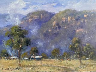 An Oil painting by Diana Garth in the Impressionist style  depicting Rural Farmland and Mountains with main colour being Blue Grey and Purple and titled Megalong Mist