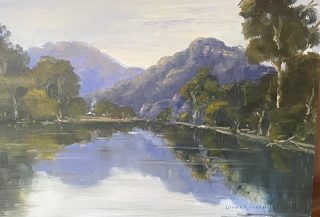 An Oil painting by Diana Garth in the Impressionist style  depicting River Mountains and Trees and titled Natures Reflections