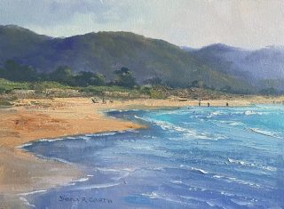 An Oil painting by Diana Garth in the Impressionist style  depicting Beach and Water with main colour being Blue and White and titled Sunday at Crescent Head