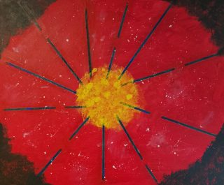 An Acrylic painting by Martin Guinness in the Abstract style  depicting Flowers and Garden with main colour being Black Red and Yellow and titled A Manifesto for Vulnerability
