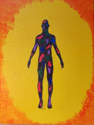 An Acrylic painting by Martin Guinness in the Abstract style  depicting Man Fantasy and People with main colour being Black Orange and Yellow and titled Bringer of Joy and Happiness