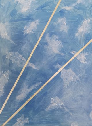 An Acrylic painting by Martin Guinness in the Abstract style  depicting Planes Clouds Fantasy and Sky with main colour being Blue and White and titled Coelicus