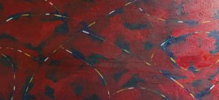 An Acrylic painting by Martin Guinness in the Abstract Expressionist style  Bush Farmland and Flowers with main colour being Blue and Red and titled Explorare 2