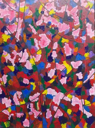 An Acrylic painting by Martin Guinness in the Abstract Expressionist style  depicting Flowers Garden and Parks with main colour being Black Pink and Red and titled Floriade