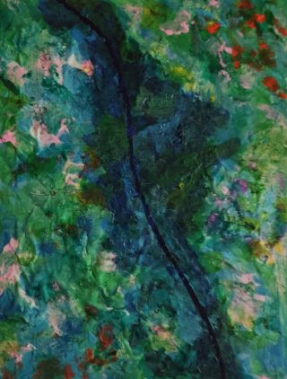 An Acrylic painting by Martin Guinness in the Abstract Expressionist style  Bush Creek and Farmland with main colour being Green and Olive and titled Fluvius