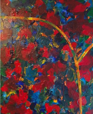 An Acrylic painting by Martin Guinness in the Abstract Expressionist style  with main colour being Blue Green and Orange and titled My Happy Place