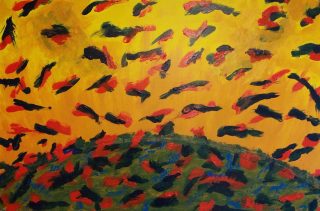 An Acrylic painting by Martin Guinness in the Abstract Impressionist style  depicting Bush Birds and Creek with main colour being Black Red and Yellow and titled l'arrivo (The Arrival)