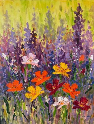An Acrylic painting by Diana Garth in the Impressionist style  depicting Flowers with main colour being Green Orange and Yellow and titled Summer Rain Garden