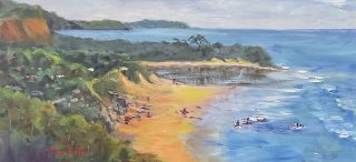 An Oil painting by Lyn Ellis in the Realist Impressionist style  Beach Water and Waves with main colour being Blue Green and Ochre and titled Surf School, Anglesea
