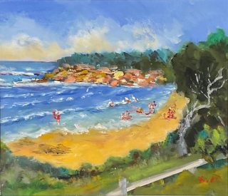 An Oil painting by Lyn Ellis in the Realist Impressionist style  depicting Seascape Beach Water and Waves with main colour being Blue Green and Ochre and titled Surfs up, Point Lonsdale