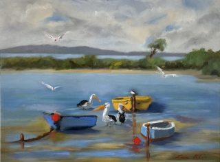 An Oil painting by Lyn Ellis in the Realist Impressionist style  depicting Seascape Birds Boats and Sea with main colour being Blue Green and Ochre and titled Swan Bay Life, Queenscliff