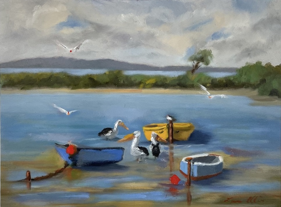 Oil Painting by Lyn Ellis titled Swan Bay Life, Queenscliff