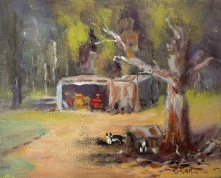An Oil painting by Lyn Ellis in the Realist Impressionist style  Dogs Rural and Sheds and titled Muster Dogs