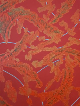 An Acrylic painting by Martin Guinness in the Abstract Expressionist style  depicting Animals City and Fantasy with main colour being Gold Orange and Red and titled Birth of a Golden Dragon