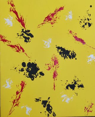An Acrylic painting by Martin Guinness in the Abstract Expressionist style  depicting Flowers Bush Creek and Fantasy with main colour being Black Red and White and titled Eruption of Silence
