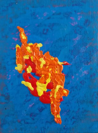 An Acrylic painting by Martin Guinness in the Abstract Expressionist style  Fire Sunrise and Sunset with main colour being Blue Orange and Red and titled Inja