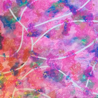 An Acrylic painting by Martin Guinness in the Abstract Expressionist style  Bridge Buildings and Bush with main colour being Blue Green and Pink and titled Mapping the Invisible