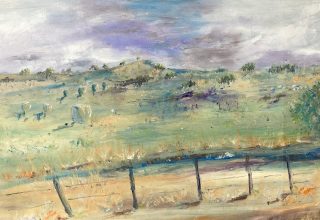 An Oil painting by Margaret Morgan Watkins in the Impressionist style  depicting Rural Farmland with main colour being Blue Ochre and Olive and titled Hay Bales in the Ranges